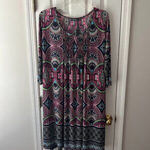 NWT Ice Silk Brand Dress Plus Size 3X Vibrant Deep Fuschia Blue Peacock Print